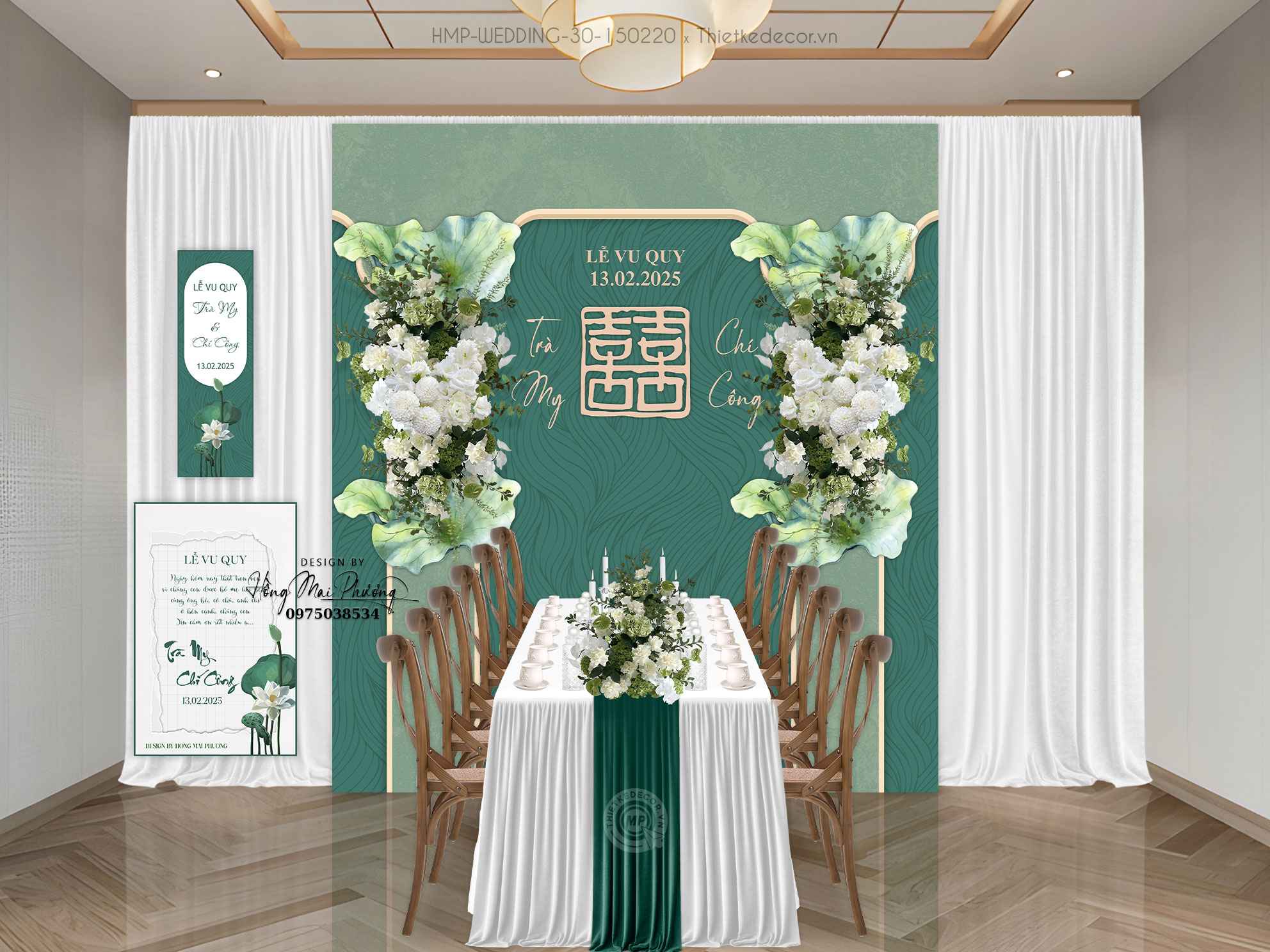 Gia tiên tone xanh lá họa tiết sen kèm tag bàn và tem nước